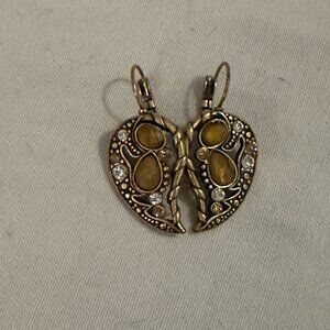 Split Heart Earrings (Gold-Tone, Amber-Colored Stones)